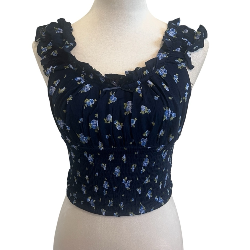 Love Tree NWOT Midnight Blue Floral Ruffle Blouse